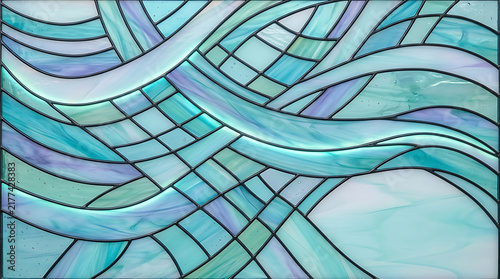 Abstract blue and green stained glass wave pattern