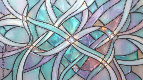 Abstract stained glass window with colorful geometric shapes