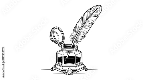 Vintage Quill and Inkwell: A classic feather quill pen stands poised in an ornate inkwell, ready to write history, evoking a sense of tradition and artistic endeavor.