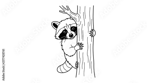 Peek-a-Boo Raccoon: A cute raccoon peeks from behind a tree trunk, its distinctive masked face and striped tail adding a touch of whimsy to the scene.