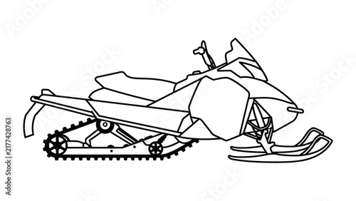 Snowmobile Outline: A detailed black and white line drawing of a modern snowmobile, showcasing its track, skis, and sleek design, perfect for illustrating winter sports or transportation.