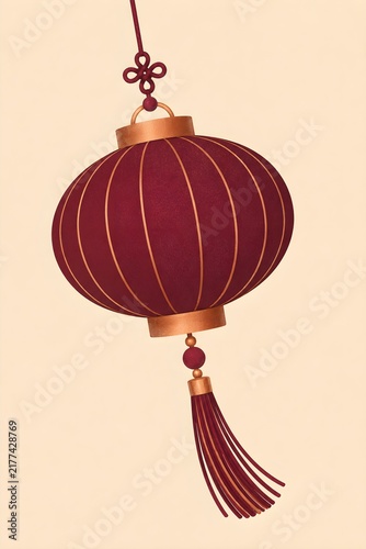 A hanging lantern with tassels, flat vector illustration, rich maroon with copper highlights