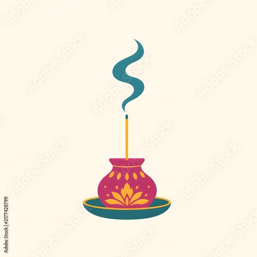 An incense holder with smoke, flat vector illustration, fuchsia, turmeric yellow and teal