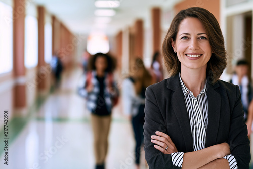 Confident female school principal smiling in a modern school hallway with students in the background. Education, leadership, and a welcoming academic environment.