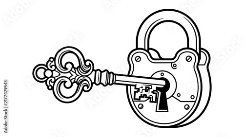 Vintage Lock and Key Illustration: A detailed illustration of an ornate, antique padlock with an intricately designed key inserted into its lock, symbolizing security and access.