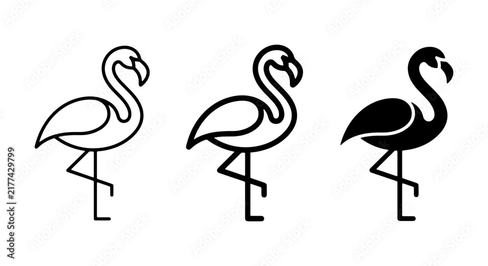 Obraz premium Flamingo Icons, Tropical Bird Silhouettes, Elegant Wildlife Vector Graphics, Minimalist Animal Art for Design