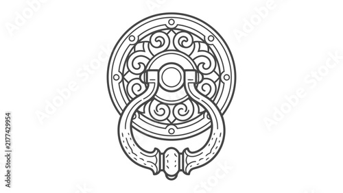Ornate Door Knocker: A detailed illustration of a vintage, circular door knocker with intricate scrollwork and a central ring handle, evoking a sense of classic craftsmanship and old-world charm.
