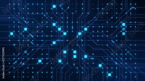 Abstract digital circuit board background animation featuring glowing blue light nodes high tech cyber futuristic computer motherboard microprocessor data line network abstract texture.