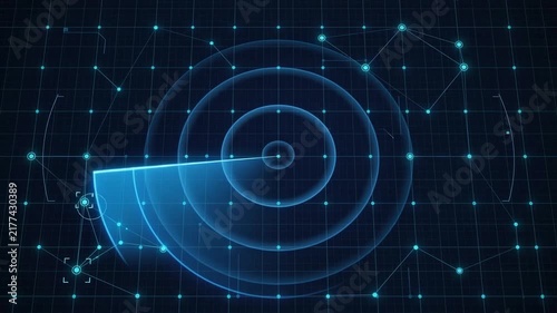 glowing blue futuristic radar sweep scanning dark digital grid with illuminated network data points cyber security tracking interface abstract high tech HUD background video loop.