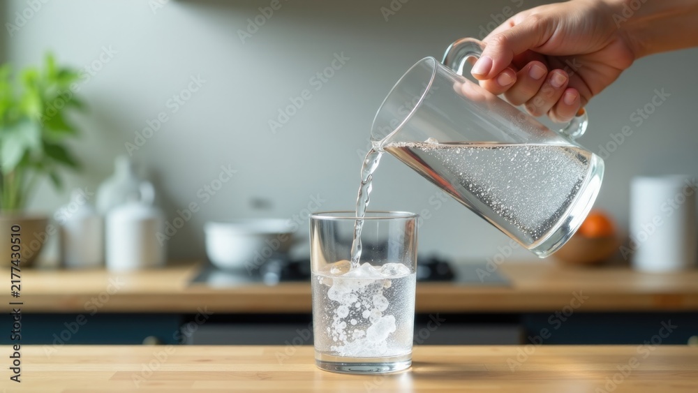 Fototapeta premium A person pours water into a glass