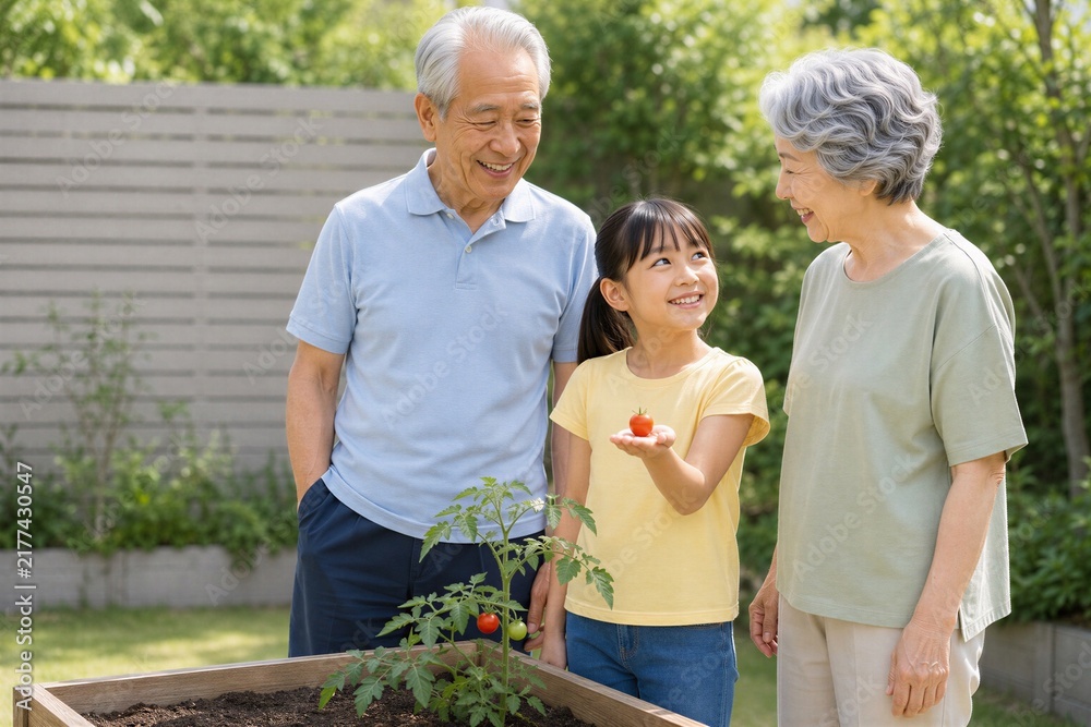 Obraz premium 家庭菜園でミニトマトを収穫する日本人の祖父母と孫娘