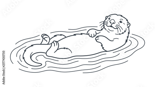 Playful Otter Floating on Water: A charming cartoon illustration of an otter leisurely floating on its back in wavy water, paws resting on its belly, conveying a sense of relaxation and whimsy.