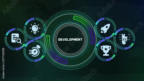 Modern HUD tech dashboard illustrating business development concept with neon icon elements