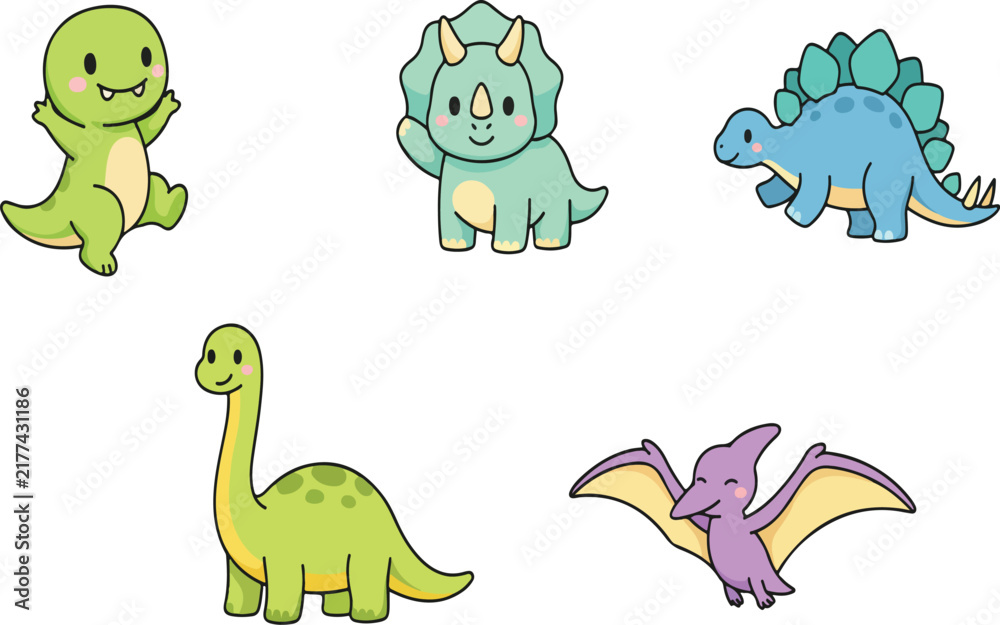 Fototapeta premium Kawaii Cute Dinosaurs Icon Set Prehistoric Animal Vector Illustration