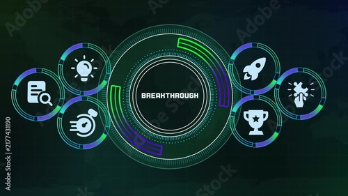 Futuristic digital interface displaying breakthrough concept with glowing business strategy icons