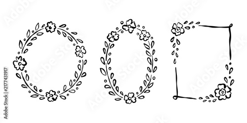 Collection of black hand drawn floral wreaths, botanical frames and decorative borders, perfect for wedding invitations, stationery, labels, logos, greeting cards and rustic designs.