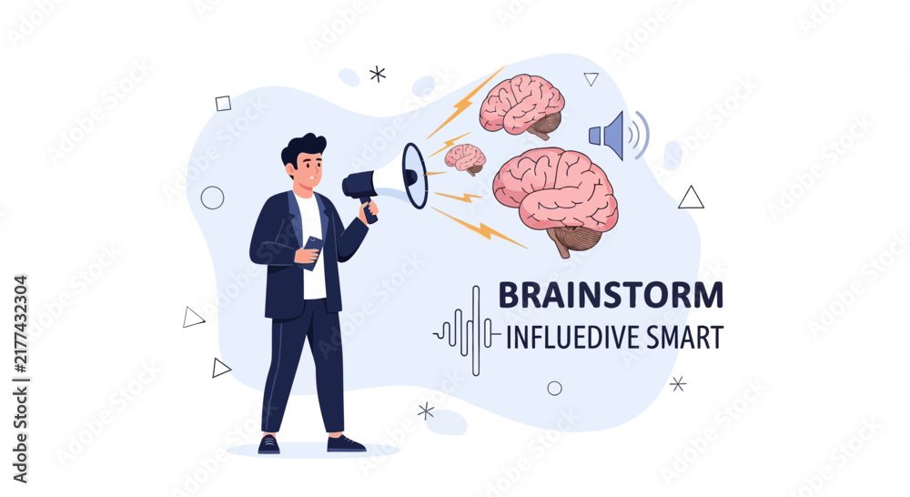 Obraz premium Man with megaphone generating ideas: Brainstorming, creativity, innovation, communication, and strategy concept vector illustration