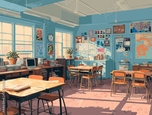 Empty vintage classroom interior with sun shining through windows