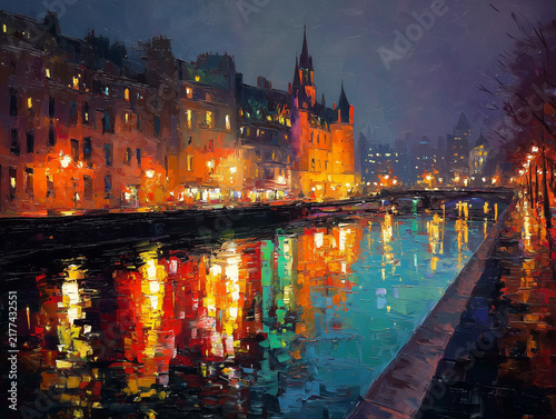 Paris cityscape reflecting in seine river at night