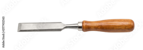 Foto Sharp metal chisel with a smooth wooden handle on transparent background
