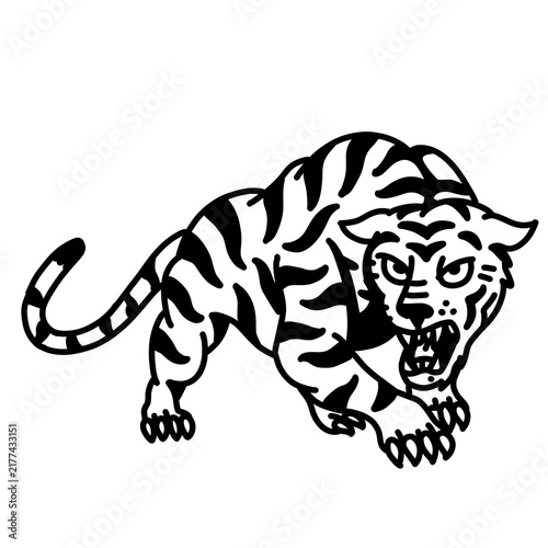 Photography Fierce prowling tiger, bold black ink illustration, wild predator power, edgy be