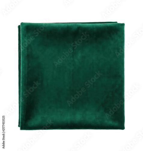 Deep emerald green velvet fabric folded neatly on transparent background