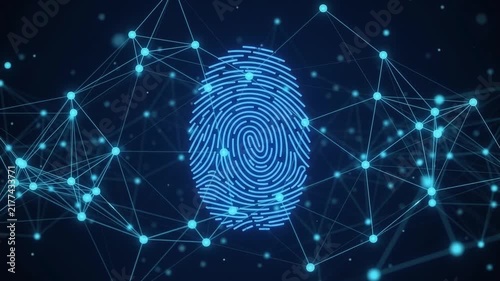 Digital biometric fingerprint scanner animation with glowing blue network connections and circuit board lines abstract cyber security identity verification tech background concept video.