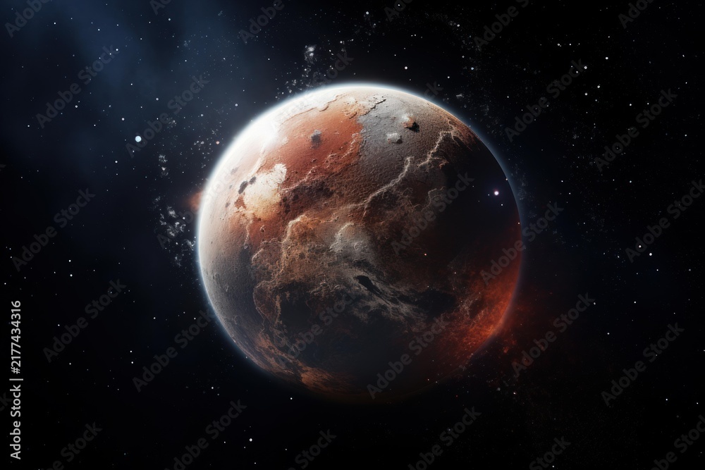 Naklejka premium Red planet mars orbiting in deep outer space with stars and nebula