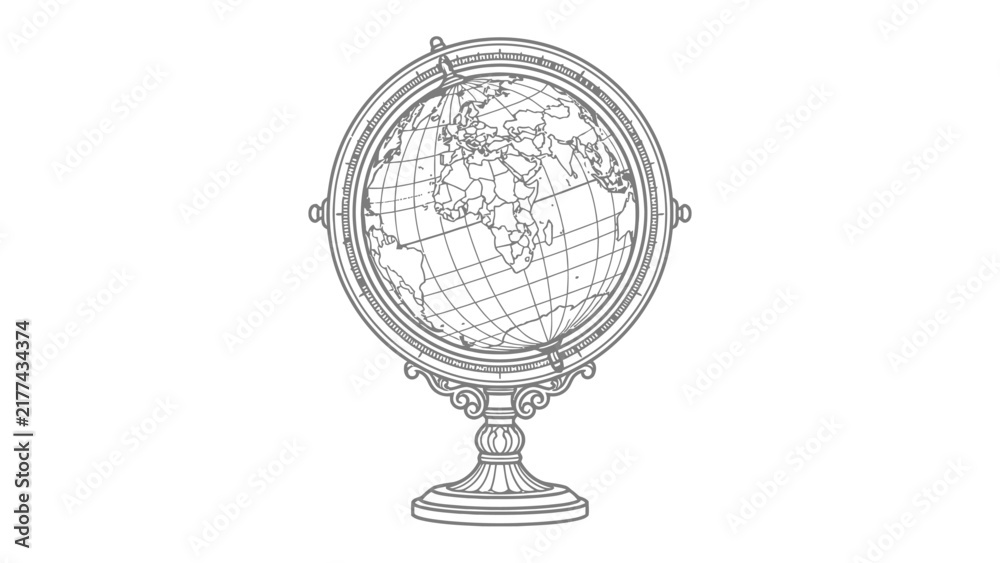 Fototapeta premium Vintage Globe on Stand: An antique terrestrial globe, detailed with continents and oceans, rests on an ornate decorative stand, symbolizing knowledge and exploration.
