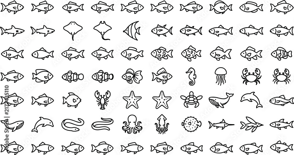Obraz premium Marine Life Line Icon Set with Fish, Clownfish, Seahorse, Crab and Sea Turtle Symbols