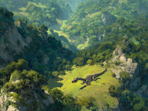 Dragon skeleton lying in lush green mountain valley