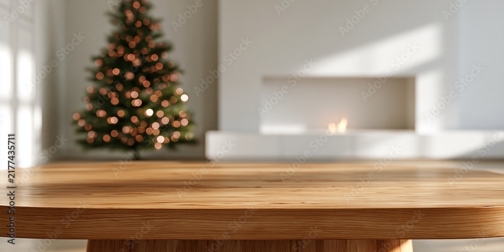 Fototapeta premium Empty wooden table with blurred Christmas tree and warm lights in modern interior