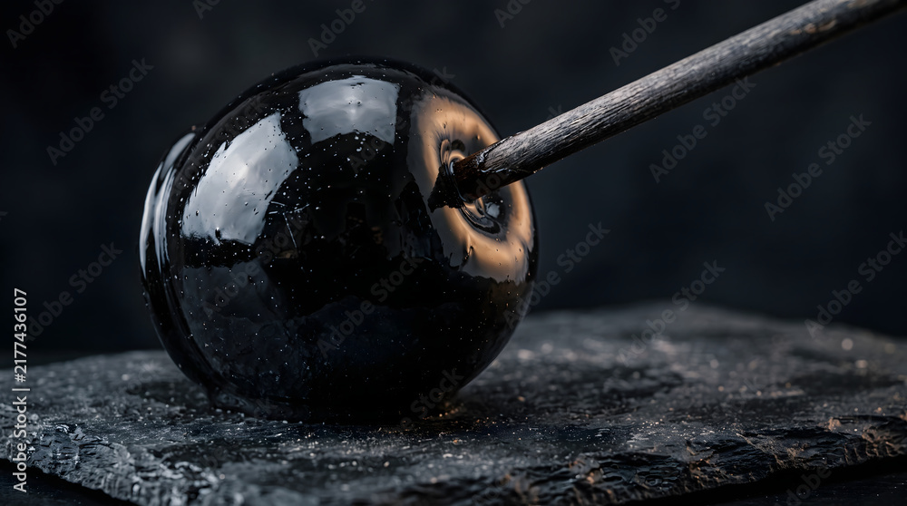 Fototapeta premium Mysterious Glossy Black Candy Apple for Gothic Halloween Themes Resting on Dark Natural Slate Stone Background