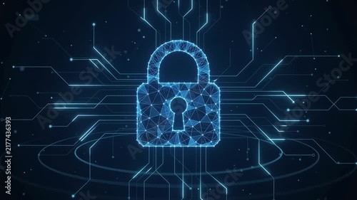 Abstract digital cyber security padlock loop with glowing blue circuit network background representing data protection privacy encryption safety futuristic technology system lock concept.