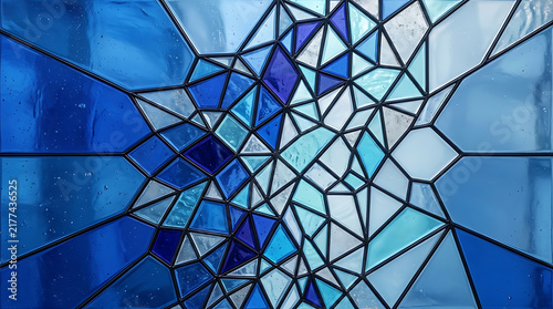 Abstract blue stained glass mosaic pattern with geometric shapes