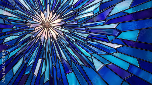 Abstract blue stained glass pattern with geometric shapes