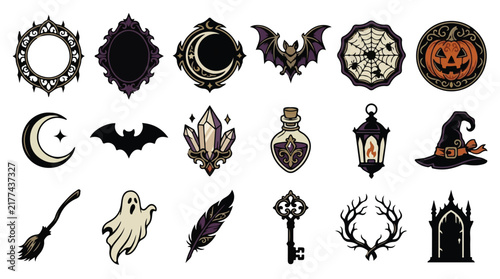 Halloween Witchcraft and Black Magic Symbols Vector Icon Set, Occult Elements for Halloween and Esoteric Design, Mystical Badges with Crystals and Potions Vector