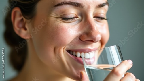 A woman holds a glass of water and takes a sip