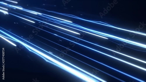 Abstract glowing blue light streaks moving fast across dark background representing high speed fiber optic data transfer futuristic technology and digital network connectivity lines.