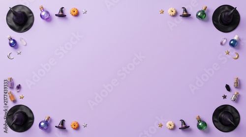 Halloween witch hats, cauldrons, potions, and magical symbols on purple background