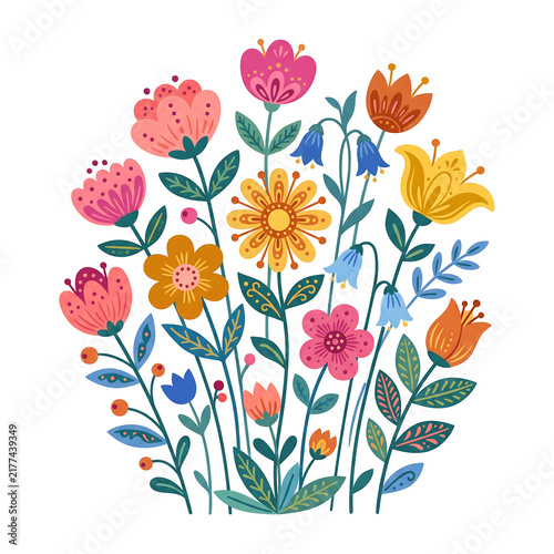 Whimsical folk art flower bouquet illustration isolated on white