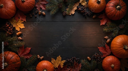 Dark background, with autumn leaves, pumpkins, and pinecones