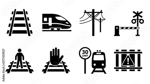 Railway transportation and train safety silhouette icon set