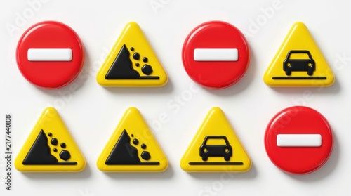 Set of glossy 3d traffic warning and prohibition signs on white