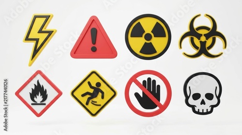 Set of 3d safety warning signs and industrial hazard symbols