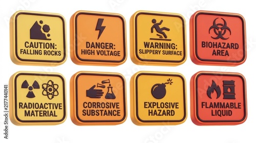 Industrial safety warning signs and hazard alert icons 3d set