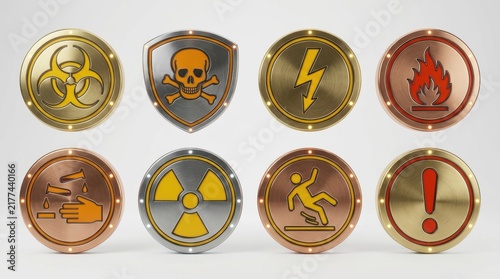 Metallic warning hazard icons set with industrial safety symbols