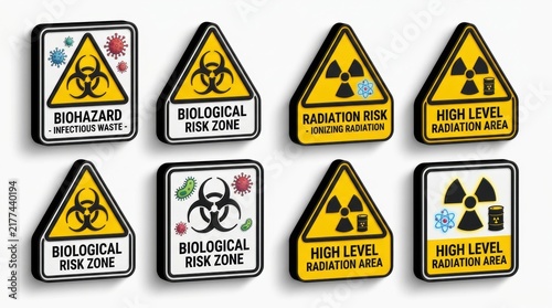 Biohazard and radiation warning sign set for safety risk zones
