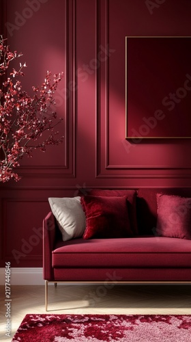 Luxurious burgundy living room with velvet sofa, ornate wall moldings, and cherry blossom branch, exuding opulence and warmth in a monochromatic design scheme.