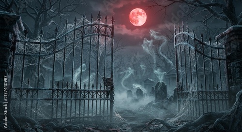 Halloween spooky graveyard gate with ghosts and red moon